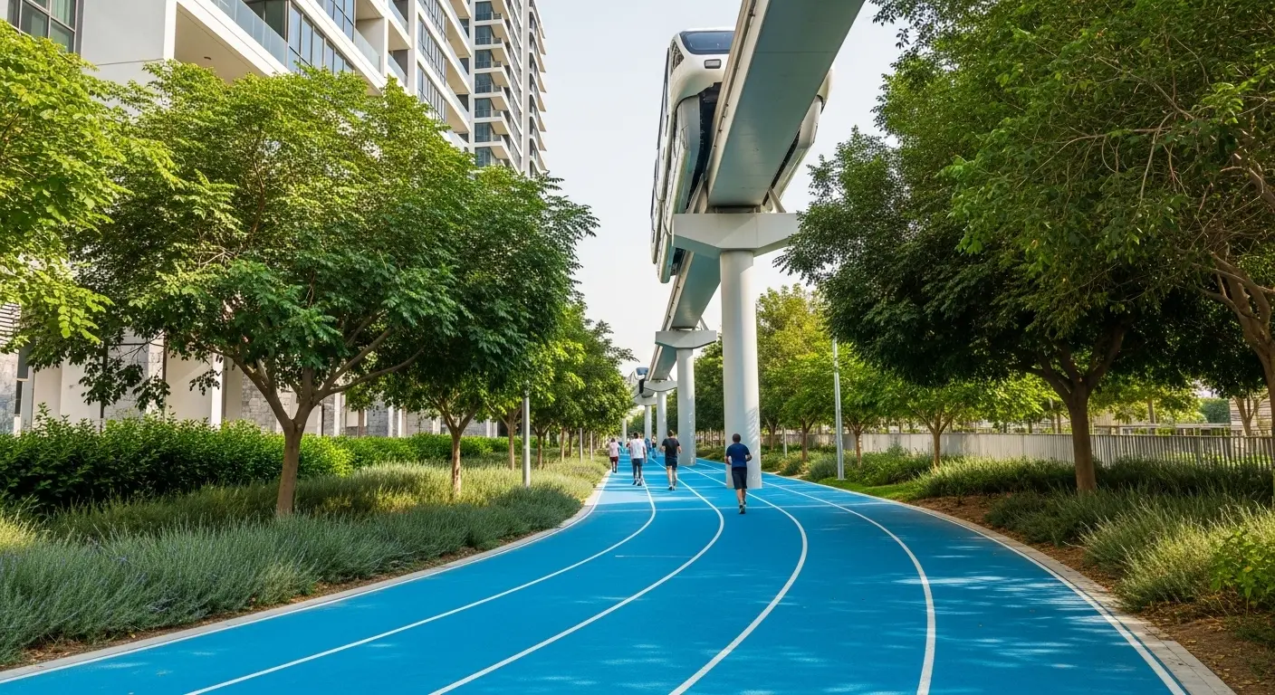 Joggers on the shaded running track at Al Ittihad Park, with the Palm Monorail gliding overhead and lush native flora lining the path.