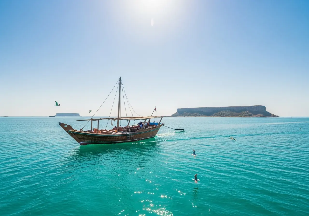 A traditional dhow on a Delma Island boat trip approaching the historic island.