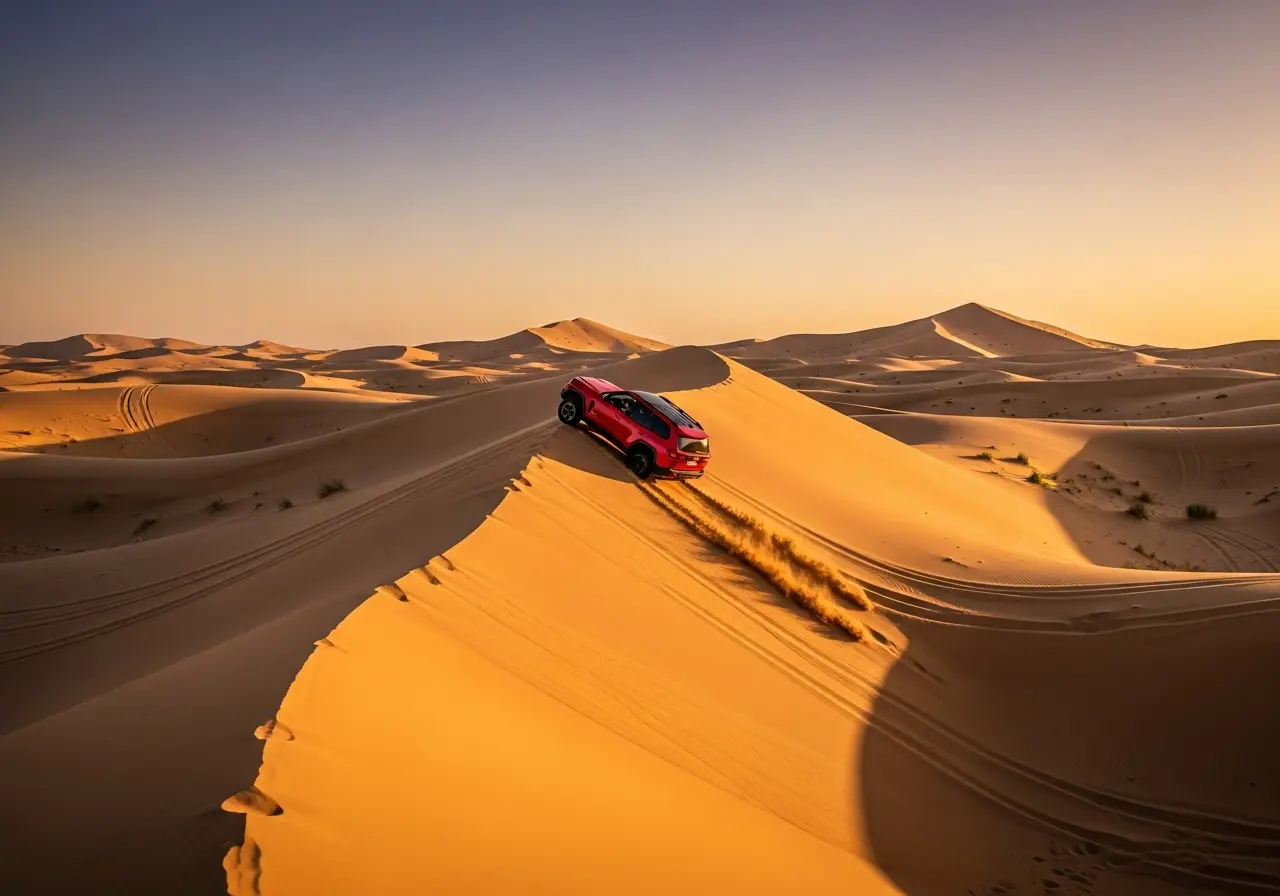 A red 4x4 vehicle dune bashing on a large golden sand dune during a stunning desert safari Abu Dhabi sunset.