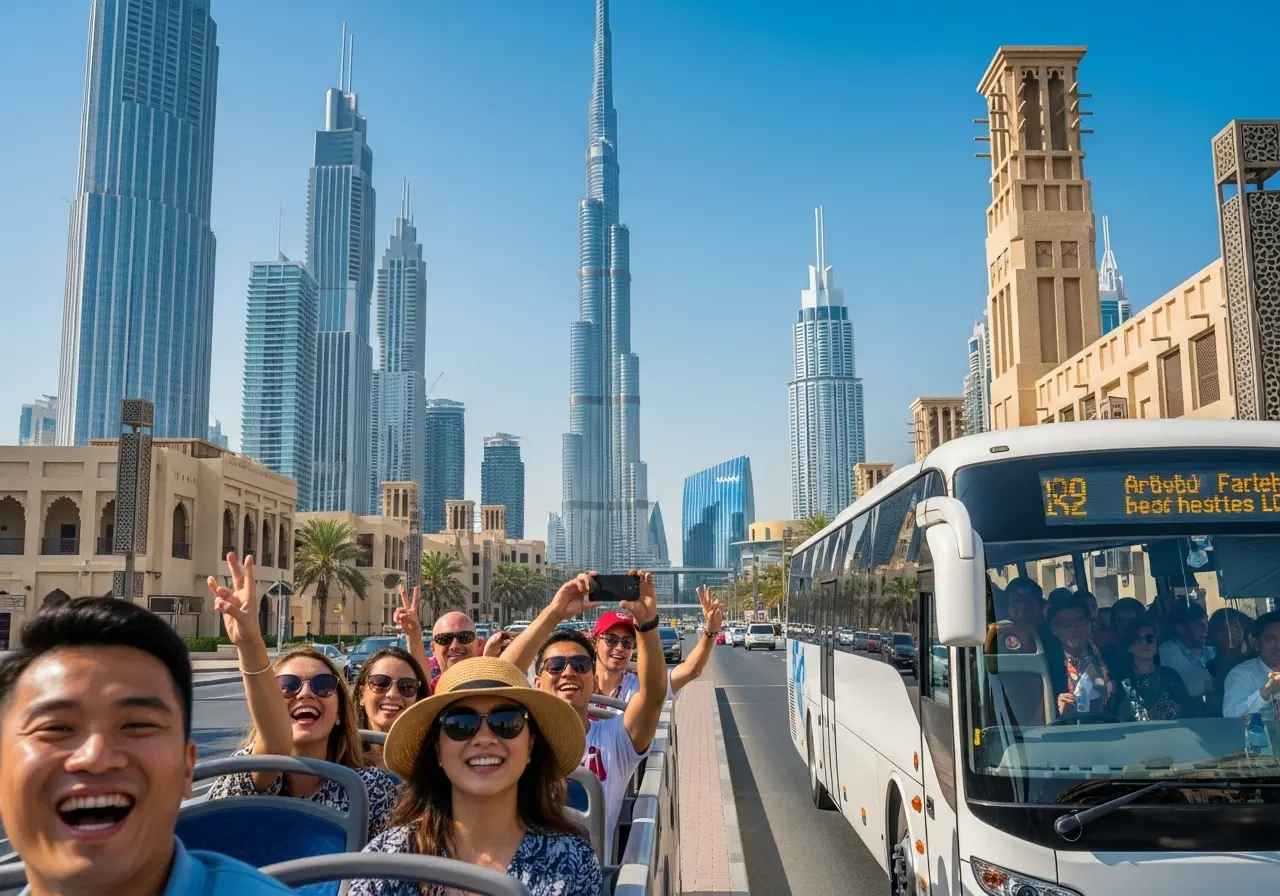 A vibrant, high-resolution photo of a tour bus on a bustling street in Dubai, with the iconic Burj Khalifa and historic architecture in the background, showcasing the excitement of booking a Book Dubai City Tours.