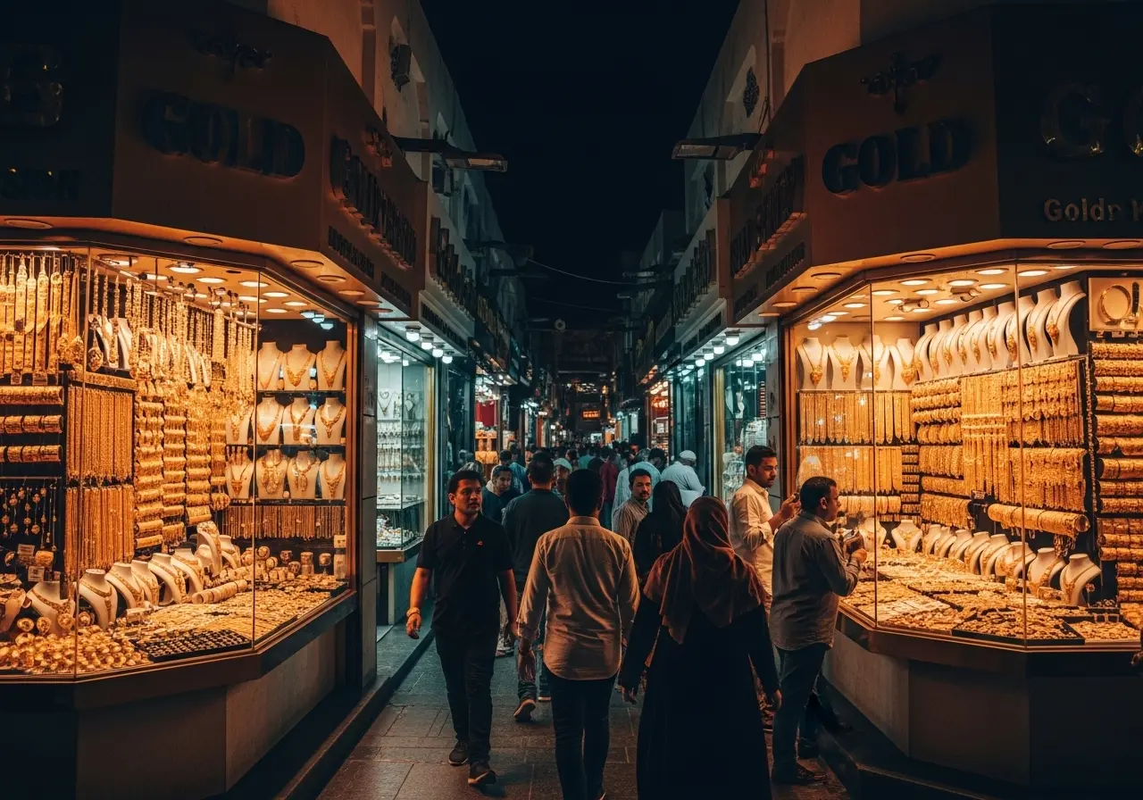 A bustling, glittering scene during a Dubai midnight souk shopping spree in the Gold Souk.