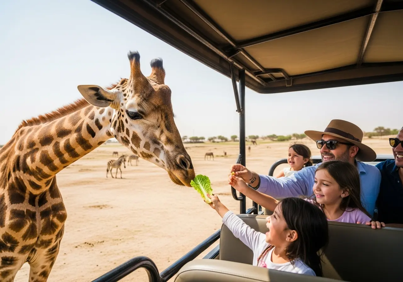 A child feeding a giraffe during an exciting Al Ain Zoo tour safari.