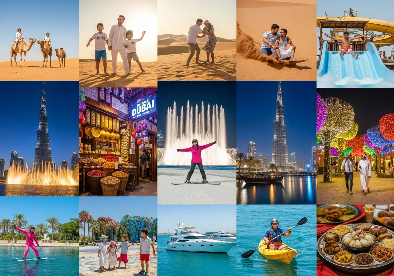 A collage of 15 images showing various best Dubai tours and excursions including desert safaris, city tours, waterparks, and iconic landmarks.