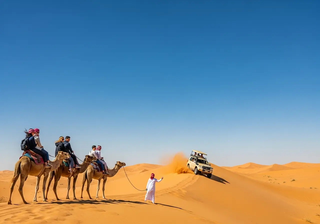 wide angle view of various unforgettable dubai desert safari await activities including camel riding and dune bashing. Guide to Unforgettable Dubai Desert Safari Await