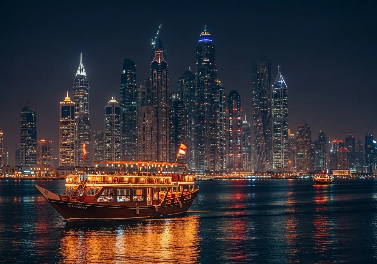 A beautiful watercolor illustration of a luxurious dhow dinner cruise in Dubai, with the brightly lit boat sailing past a glowing cityscape at night.