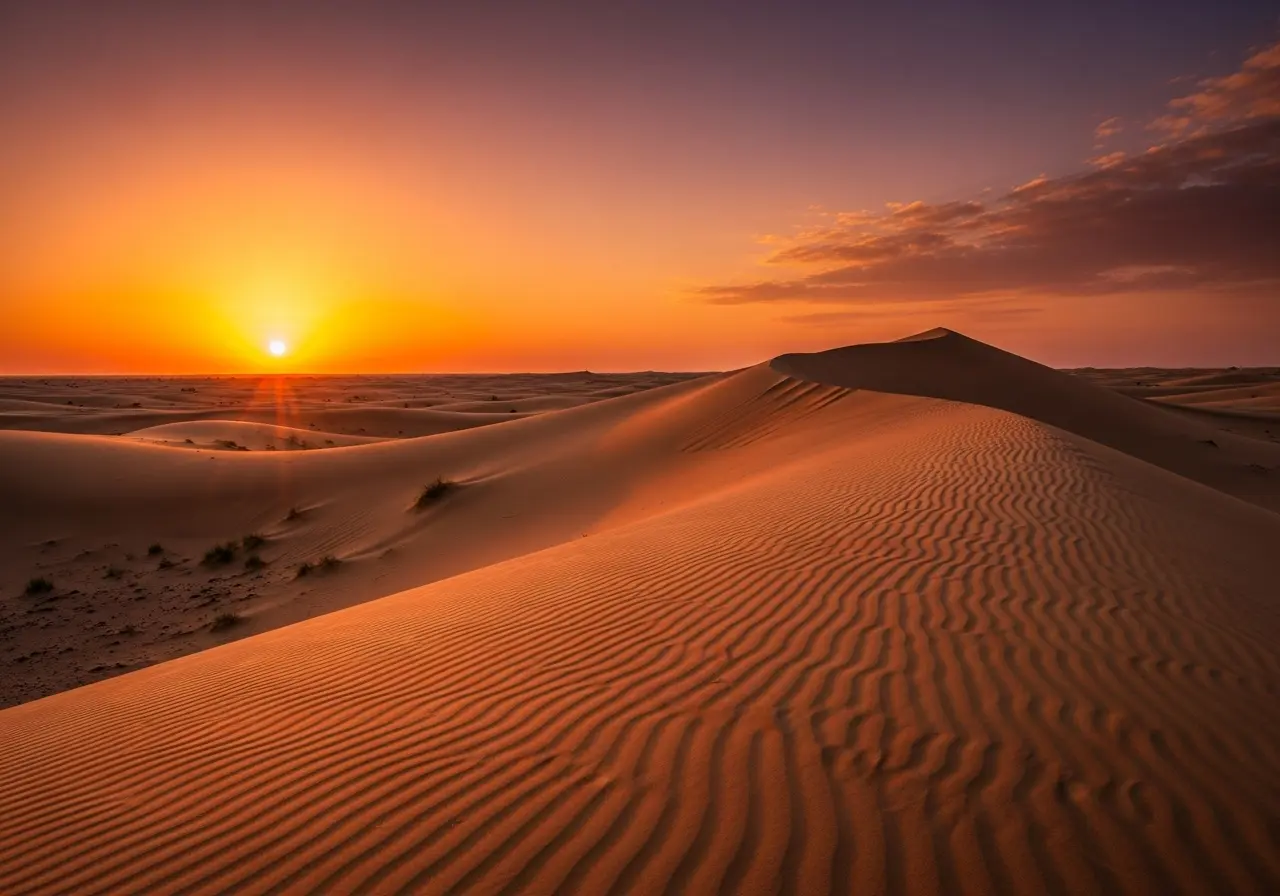 A breathtaking sunset over the vast golden sand dunes of Dubai, showcasing the natural beauty of the desert safari dubai cheapest price landscape.