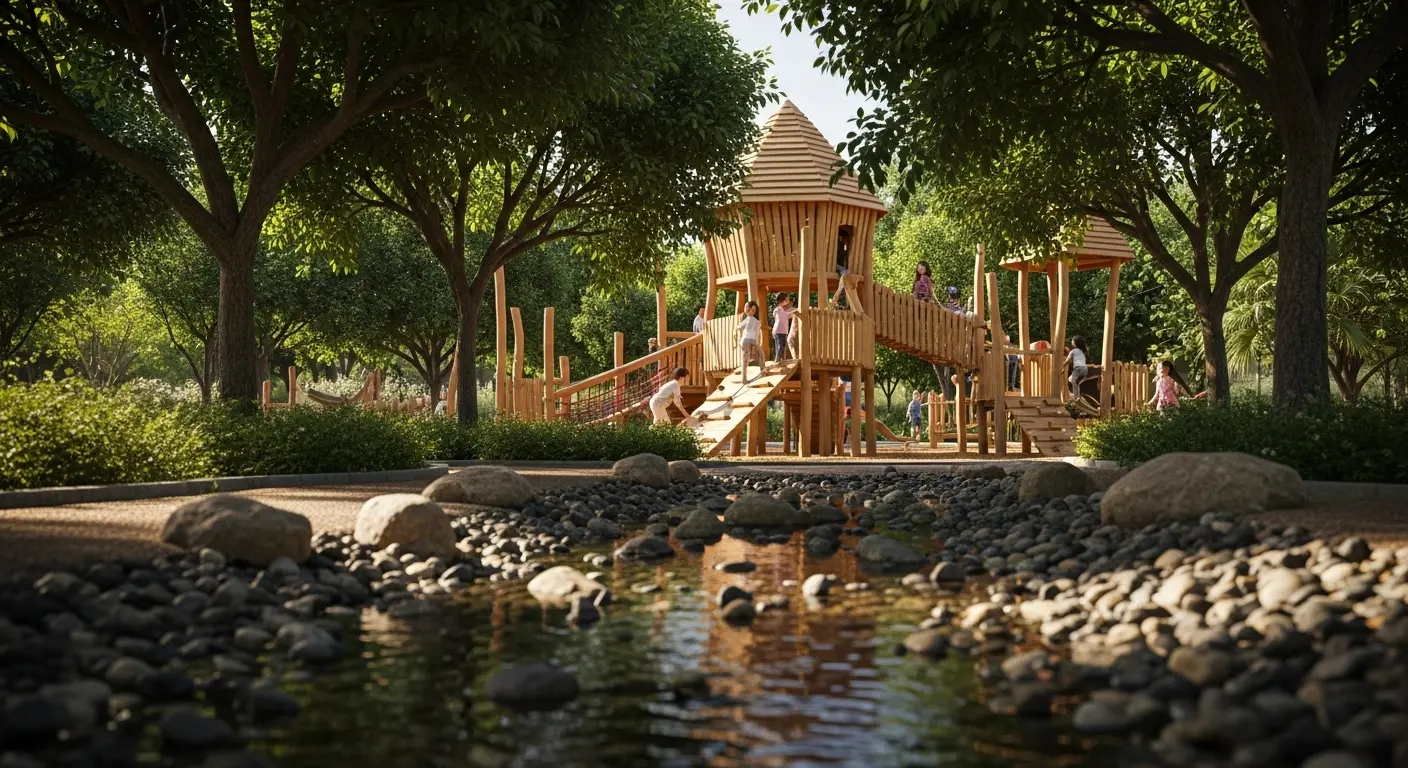 Children playing on the large wooden adventure structure at the lush and natural Al Barari Playground in Dubai.