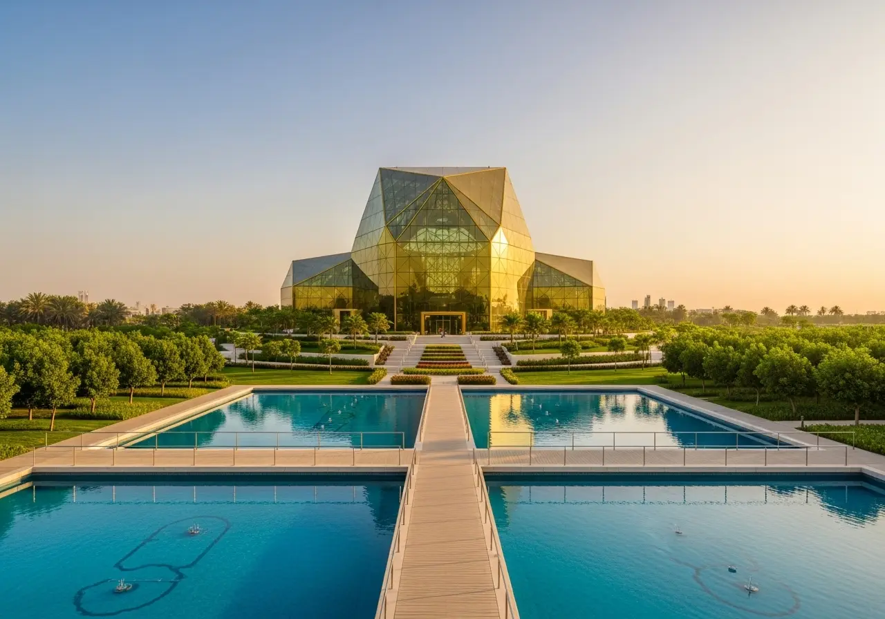 The stunning Glass House and the Lake of Moses at the beautiful and serene Quranic Park Dubai.