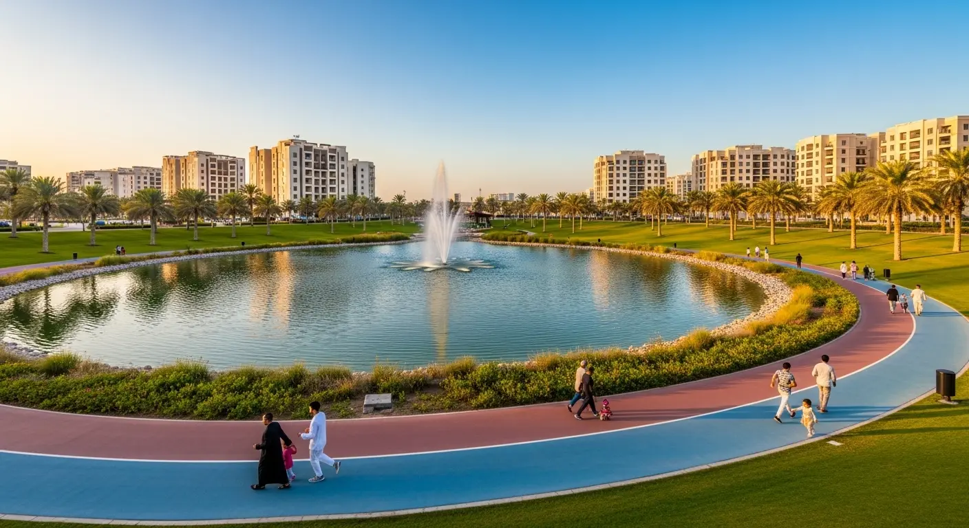 A picturesque view of the serene pond and jogging track at Al Nahda Pond Park, Dubai's ultimate family oasis and community hub.