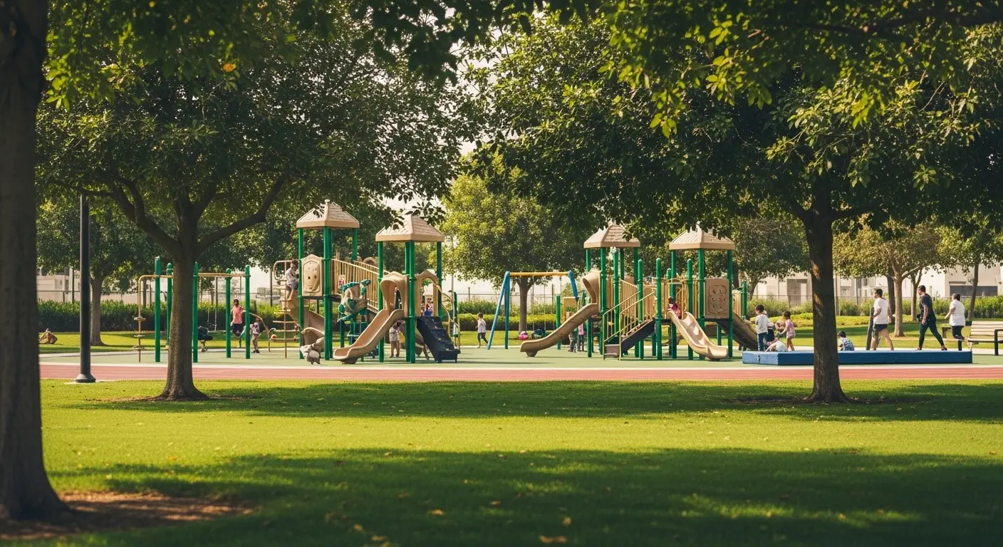 Families and children enjoying a sunny day at the beautiful Al Wasl Park, with its lush lawns, playground, and running track.