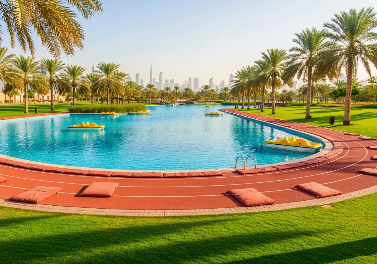 A scenic view of the Al Barsha Pond Park, showing its large central lake, green lawns, and the professional running track, representing a perfect urban oasis for family activities in Dubai.