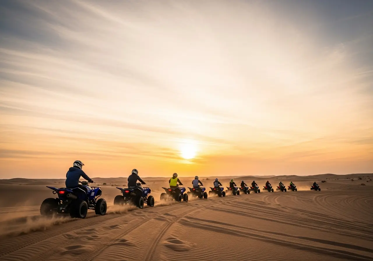 A thrilling Quad ATV Tours experience with people riding quad bikes across the desert dunes at sunset.