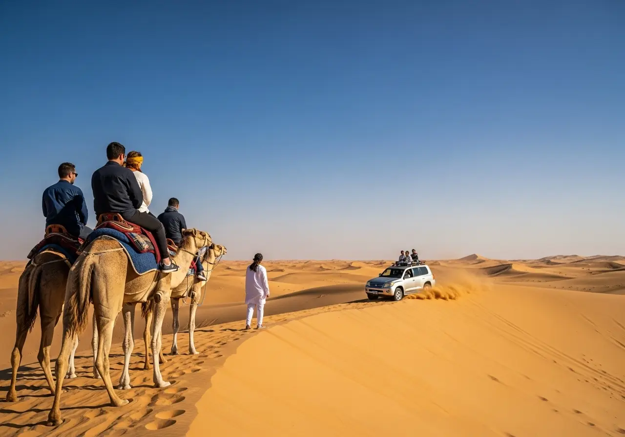 A wide-angle view of various desert safaris in dubai activities, including camel riding and dune bashing. Desert Safaris in Dubai Top Operators
