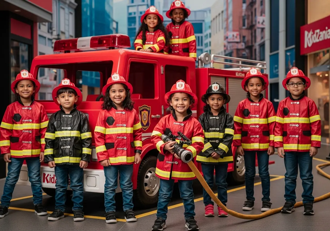 Children having fun on an Abu Dhabi KidZania tour dressed as firefighters.