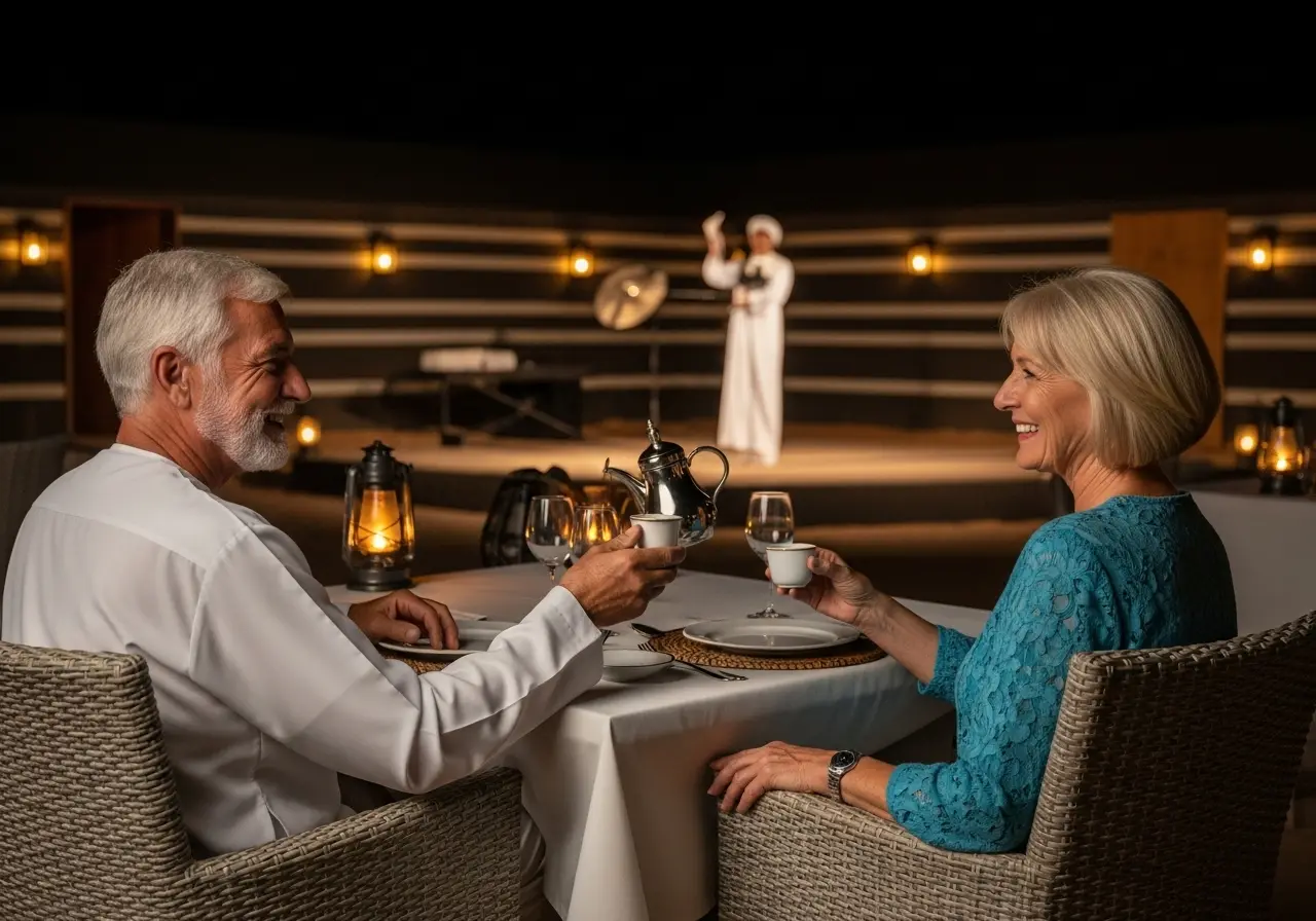 A senior couple enjoying a comfortable evening, answering the question "Is desert safari worth it for seniors?".