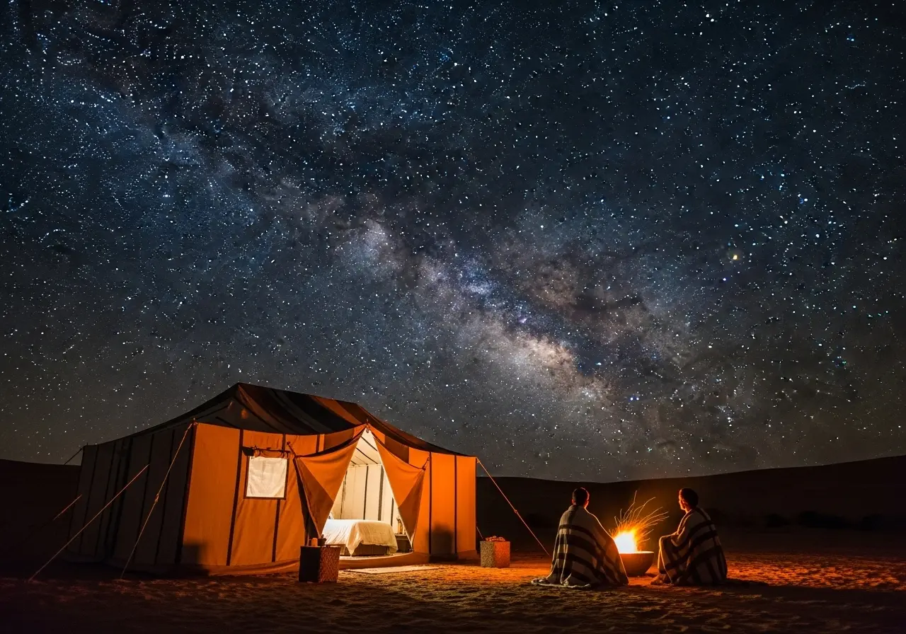 A couple enjoying an overnight desert camping stars experience with a view of the Milky Way.