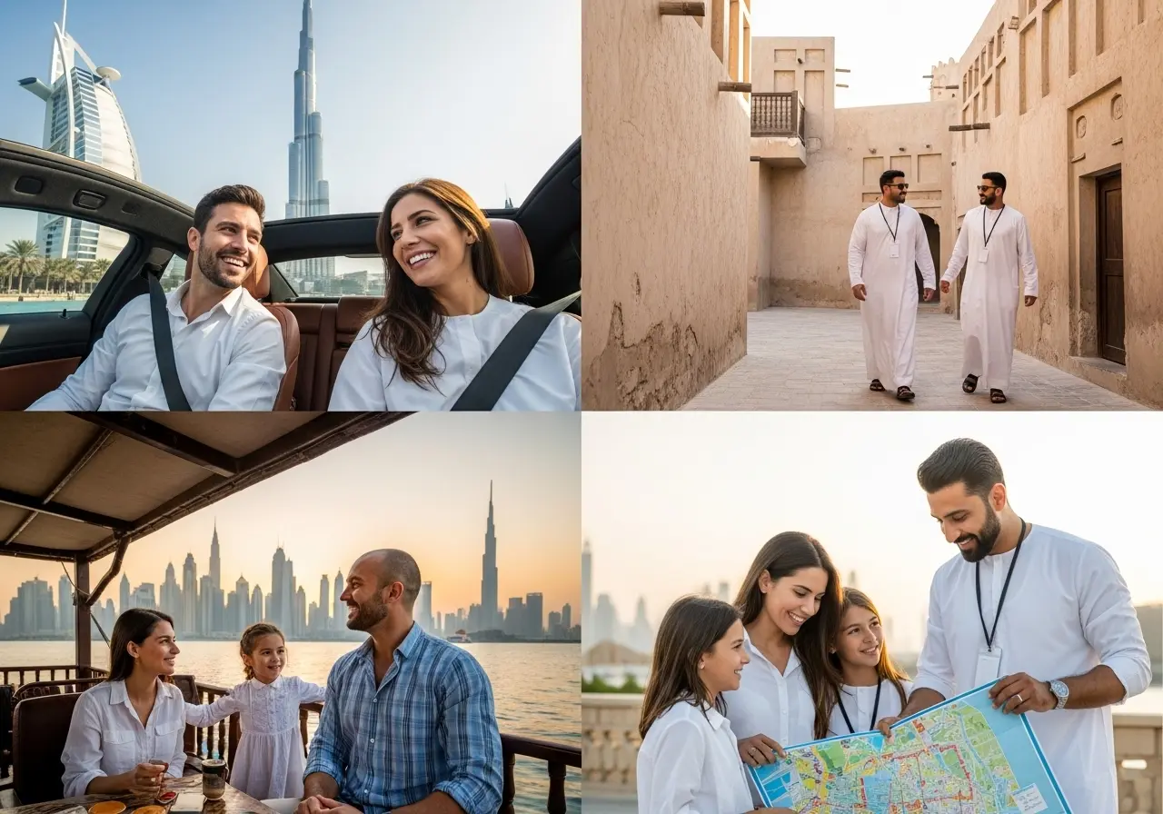 A collage of four images depicting different experiences on a Private Dubai City Tour, including a luxury car tour, a walking tour, a dhow cruise, and a personalized guide session.