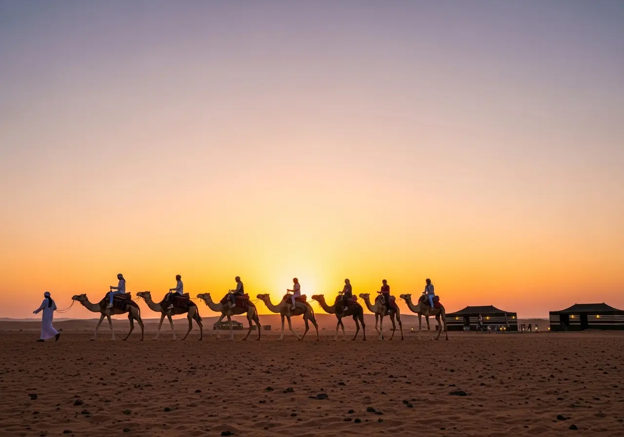A beautiful Sunset Camel Trek with people riding camels across the golden sand dunes at sunset.