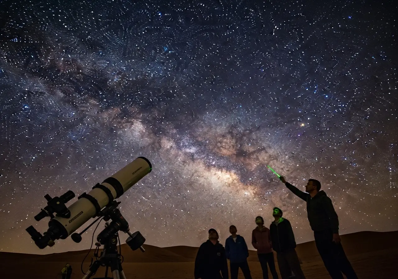 A group enjoying a stargazing desert safari with an astronomer and a large telescope.