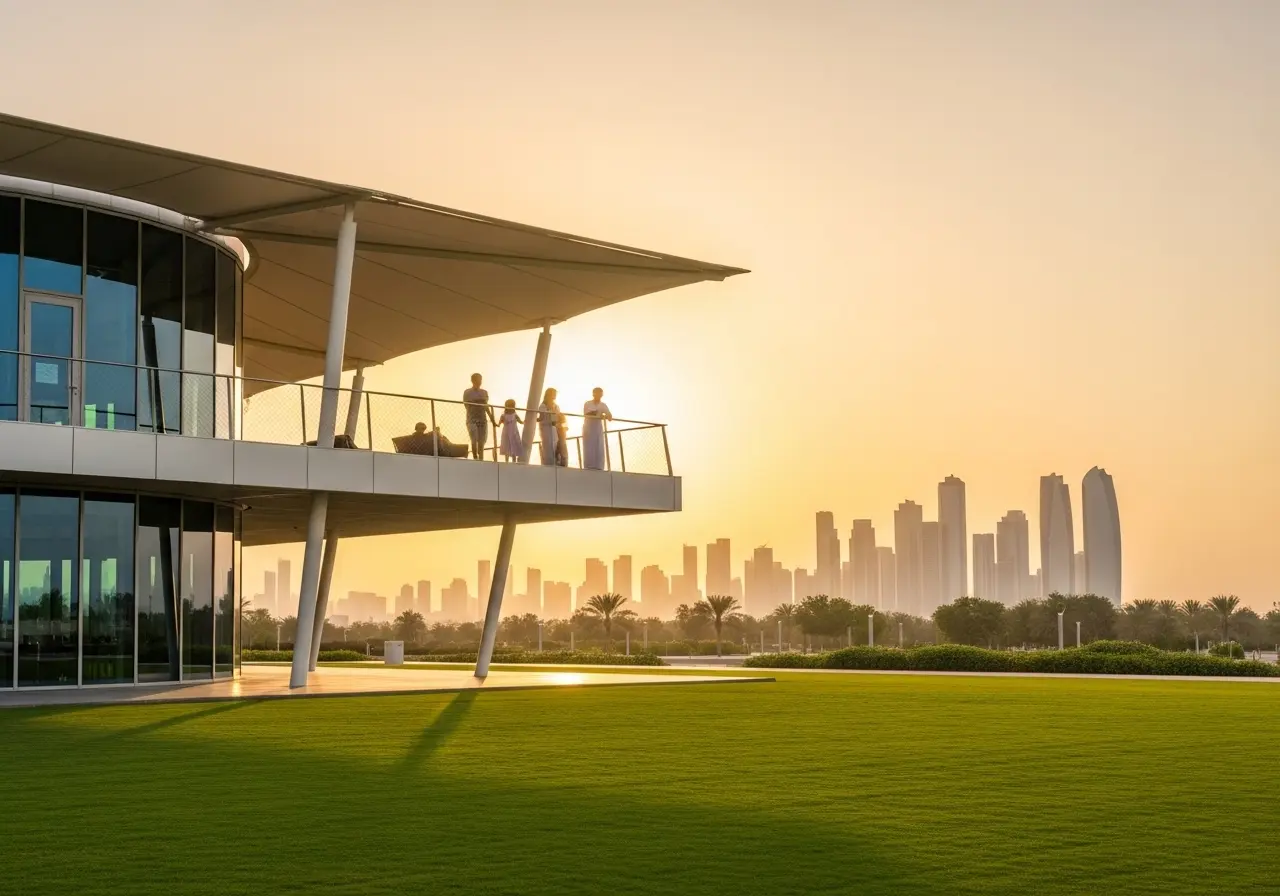 A family enjoying the sunset view from the Shade House during an Abu Dhabi Umm Al Emarat Park tour.