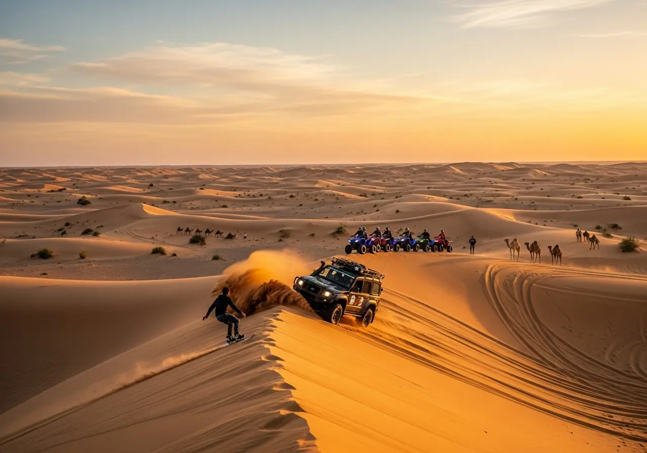 A thrilling Dubai Desert Safari Adventure featuring dune bashing, quad biking, camel riding, and sandboarding.
