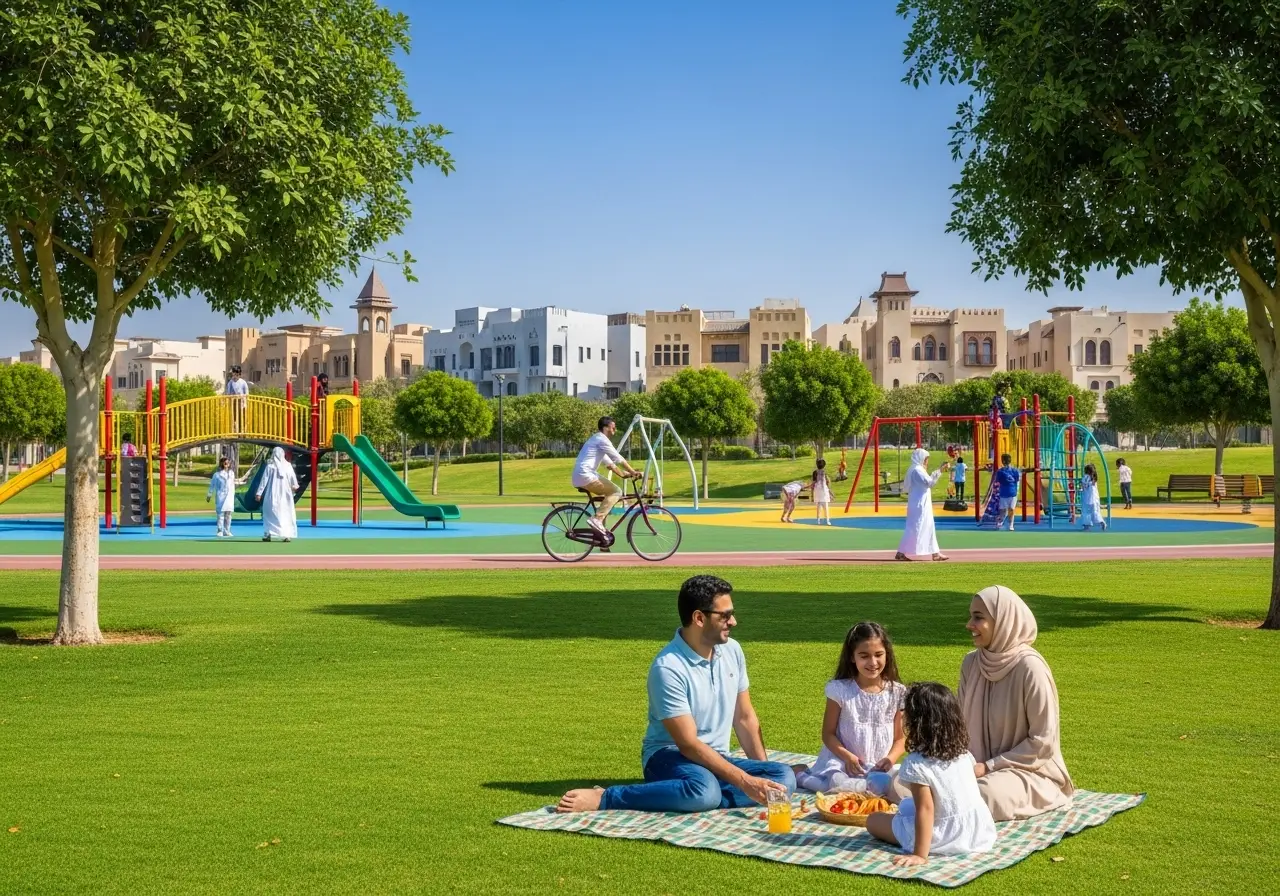 Family having a picnic and children playing on a playground in Mushrif Park Dubai, a popular family-friendly park.