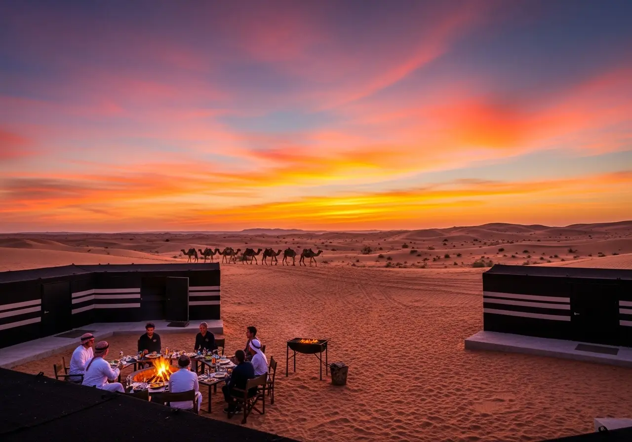 A thrilling Dubai Desert Safari with a beautiful sunset over a traditional Bedouin camp in the desert.