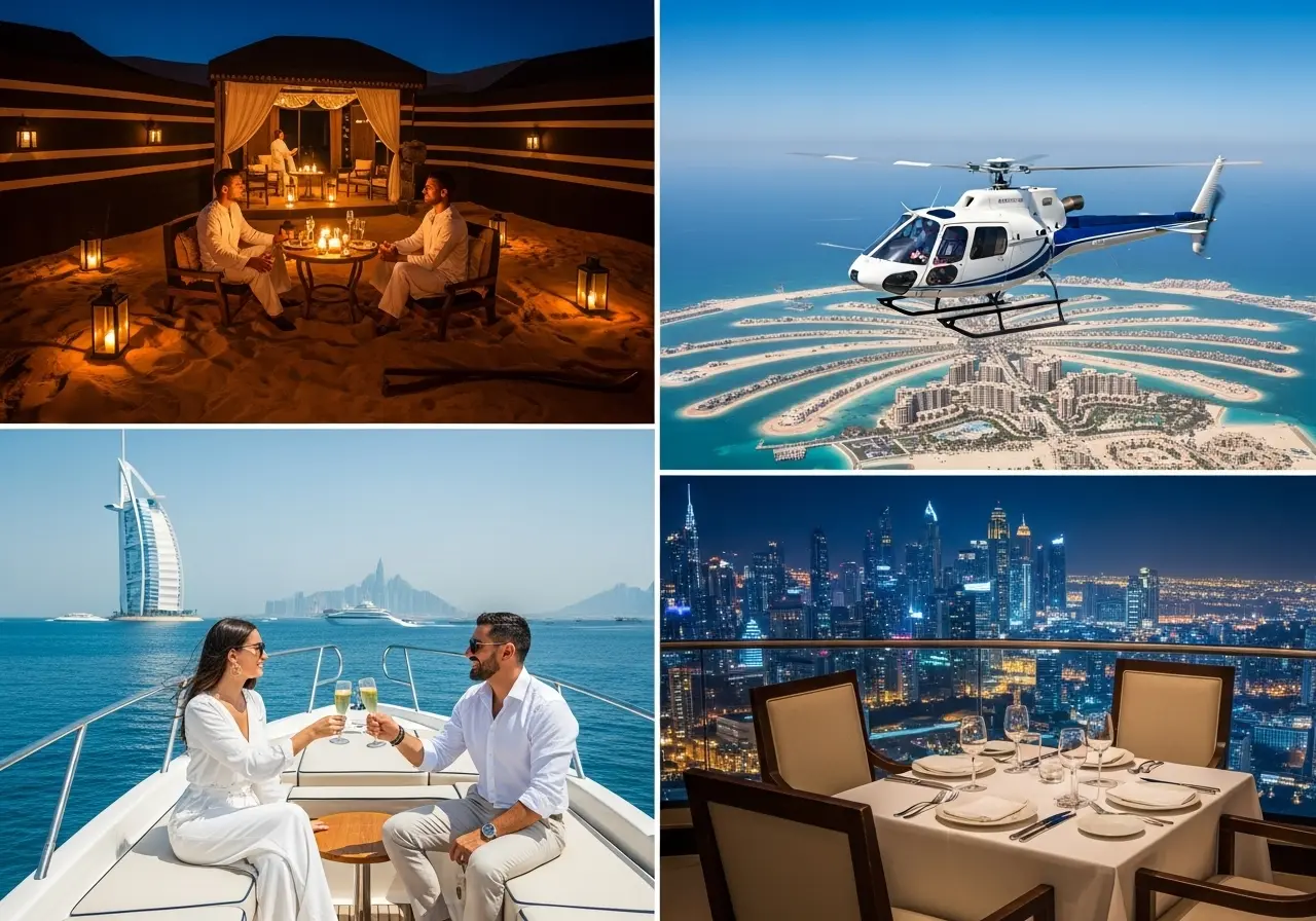 A collage of four images depicting exclusive Tour Dubai luxury experiences, including a private desert dinner, a helicopter tour, a yacht charter, and fine dining.