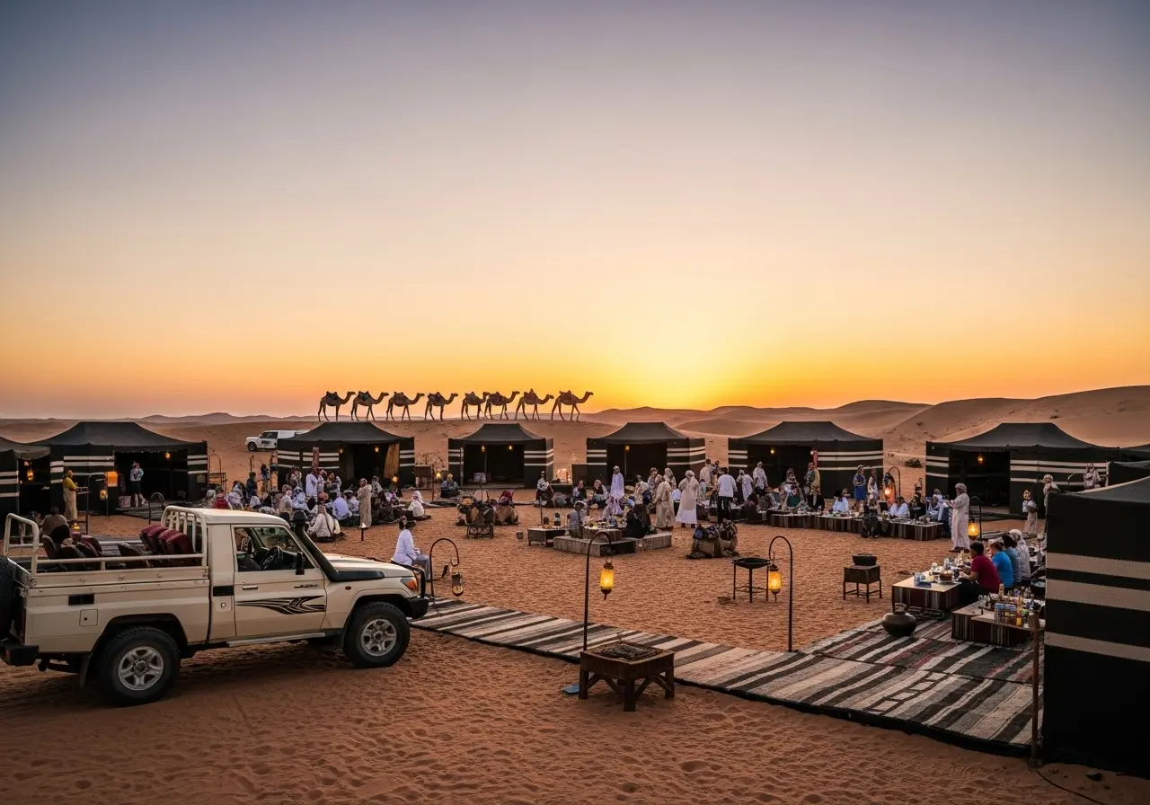 A beautiful Desert Safari Packages experience with a traditional Bedouin camp and a powerful 4x4 vehicle in the desert at sunset.