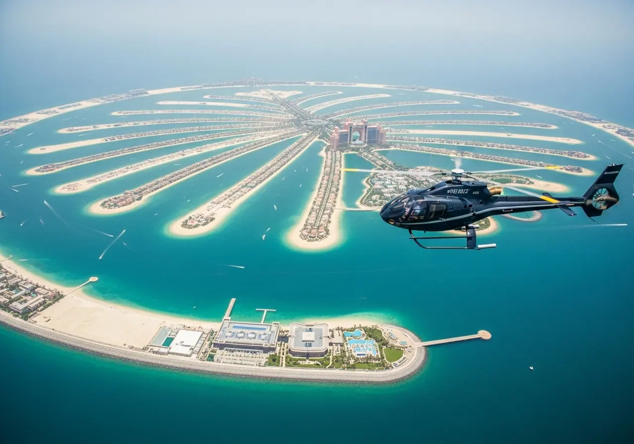 A sleek, modern helicopter flying over the crescent of the Palm Jumeirah in Dubai during a bright, sunny day. The iconic Atlantis, The Palm hotel should be clearly visible in the center. The turquoise waters of the Arabian Gulf and the intricate fronds of the Palm should fill the frame, showcasing the massive scale of the island. The shot should be from a slightly elevated angle, looking down on the helicopter and the landscape. No text on the image