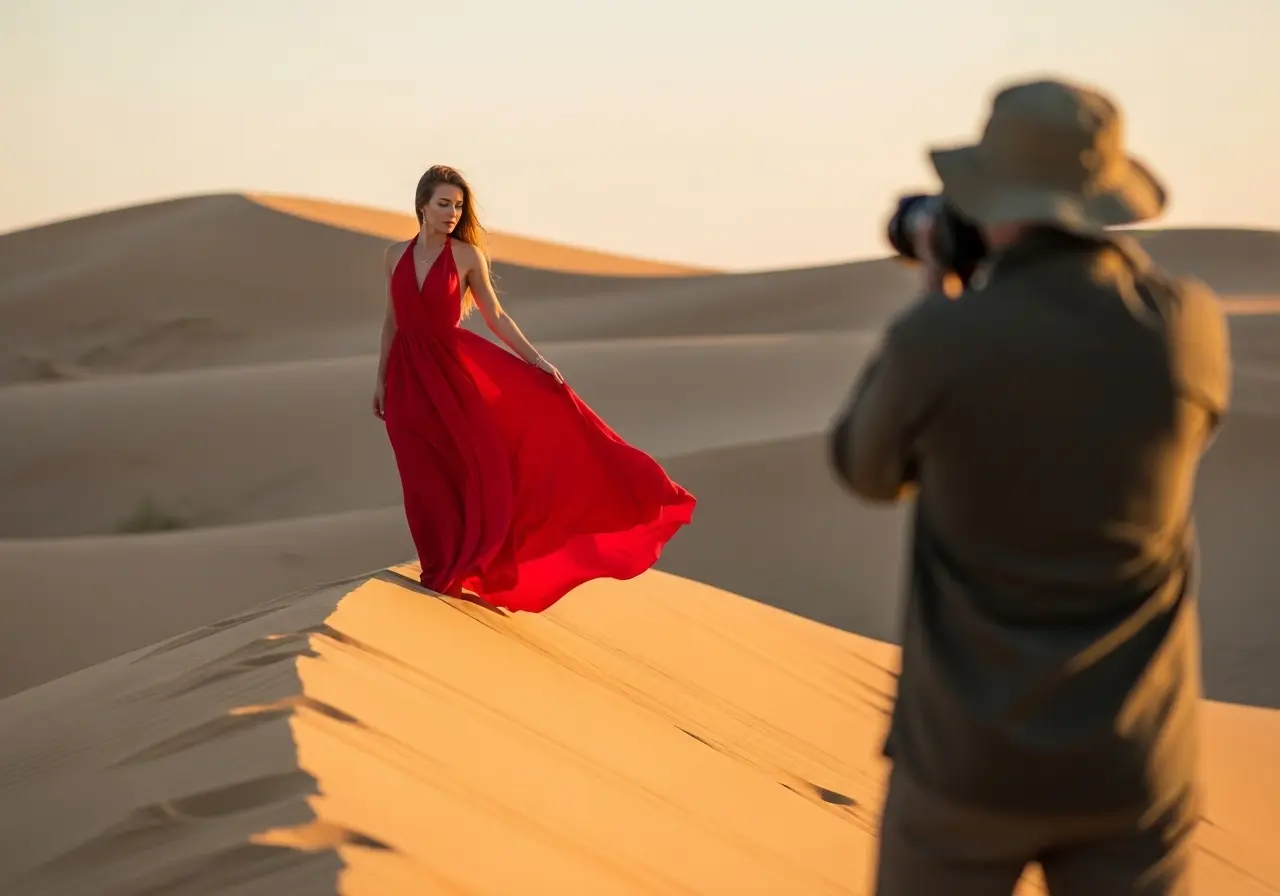 A woman on the best desert safari Instagram photos, wearing a flowing red dress at sunset.