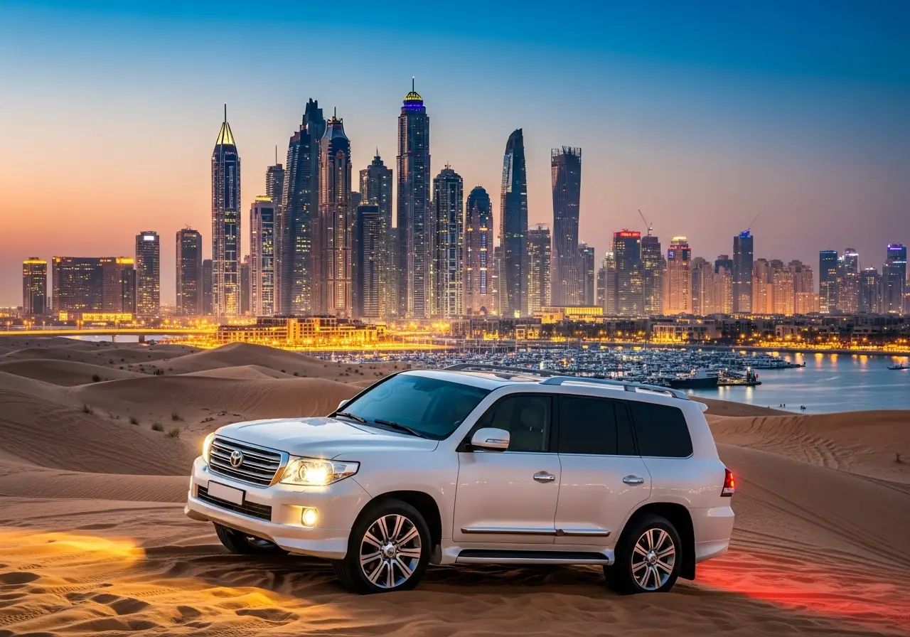 A view of the Dubai Marina skyline from a desert safari dubai marina tour.