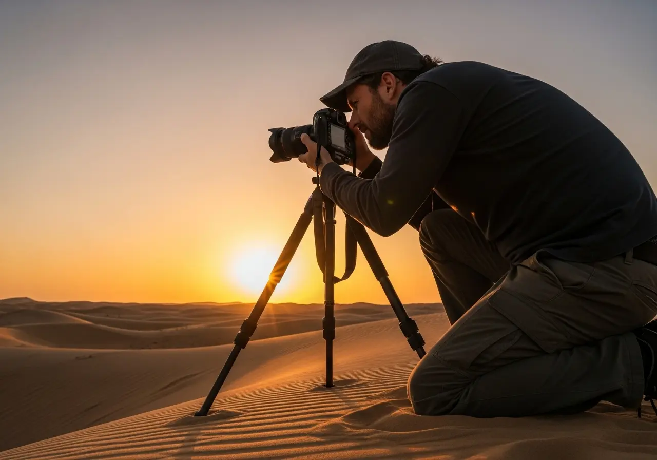 A photographer on a photography friendly desert safari setting up a sunset shot.