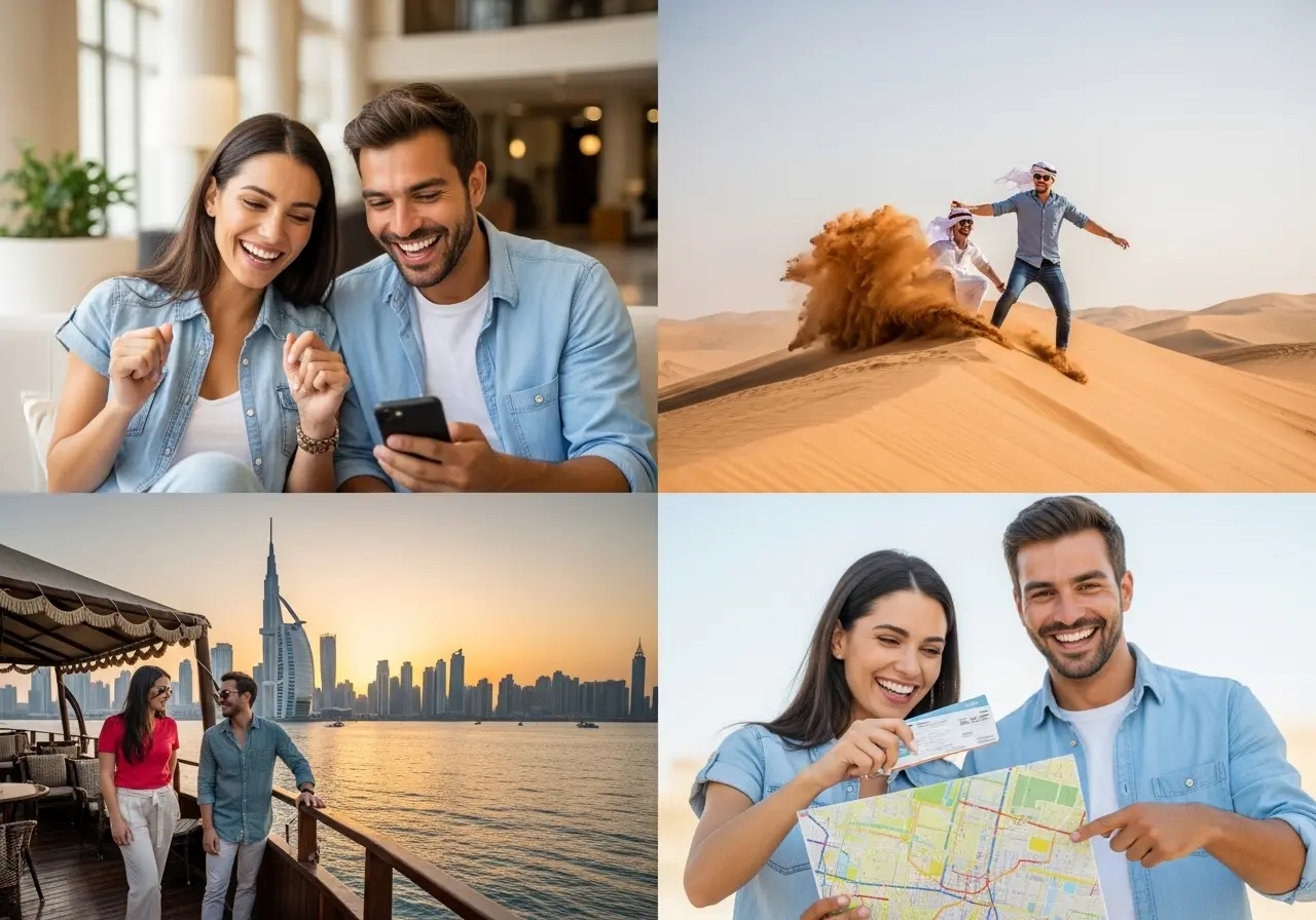 A collage of four images depicting different experiences from booking Same Day Dubai Tours, including booking on a phone, a desert safari, and a sunset dhow cruise.