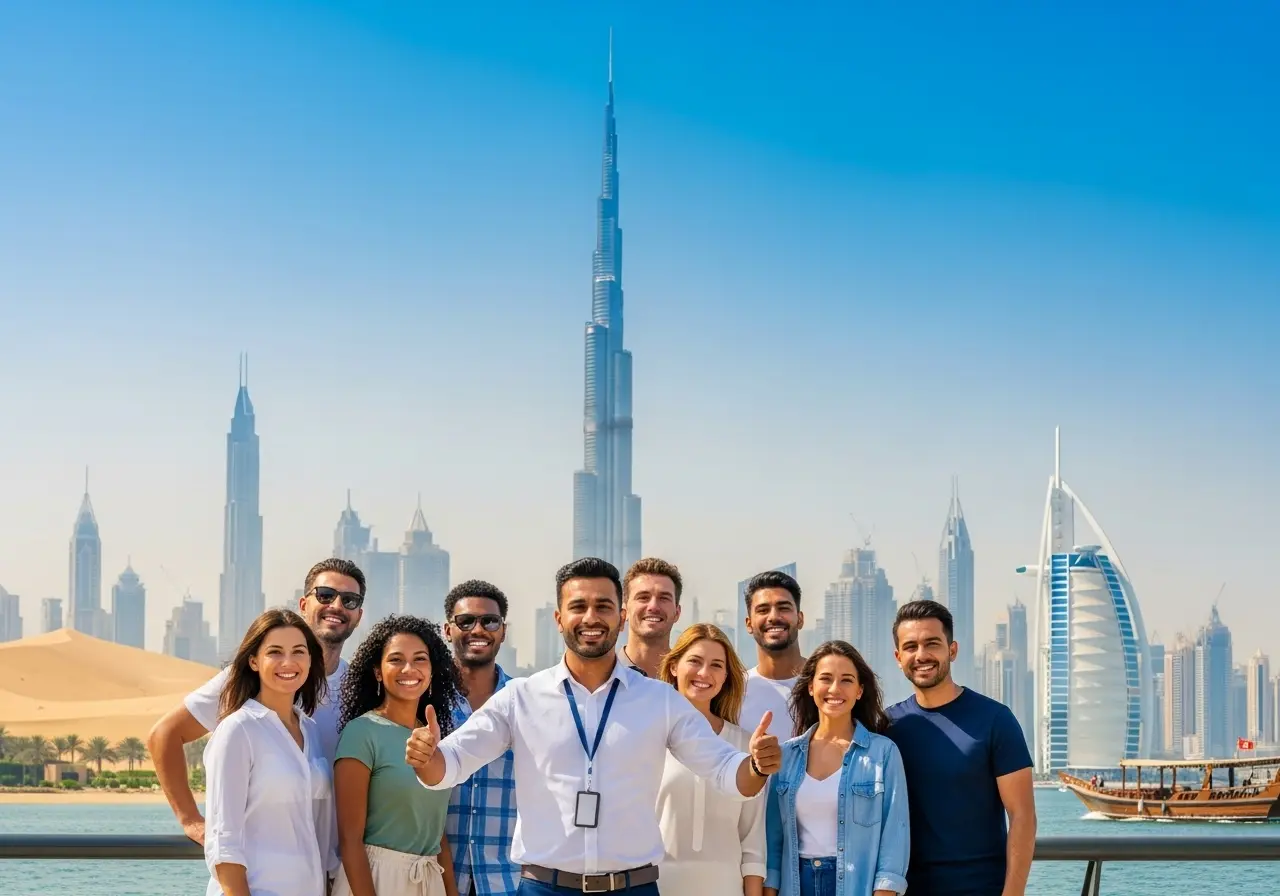 A stunning, single, high-resolution realistic photo that captures the essence of Dubai with a focus on tourism services. The image should show a modern, professional-looking tourist guide from a reputable tour company (without visible logos) standing in front of a diverse group of happy tourists. They are all smiling and looking towards the camera. In the background, the iconic Dubai skyline with landmarks like the Burj Khalifa should be visible, along with a hint of the golden desert dunes and a modern dhow boat on the water, all under a clear blue sky. The lighting should be bright and positive, and the overall impression should be of a seamless, enjoyable, and professionally guided travel experience with a focus on buy dubai tours online