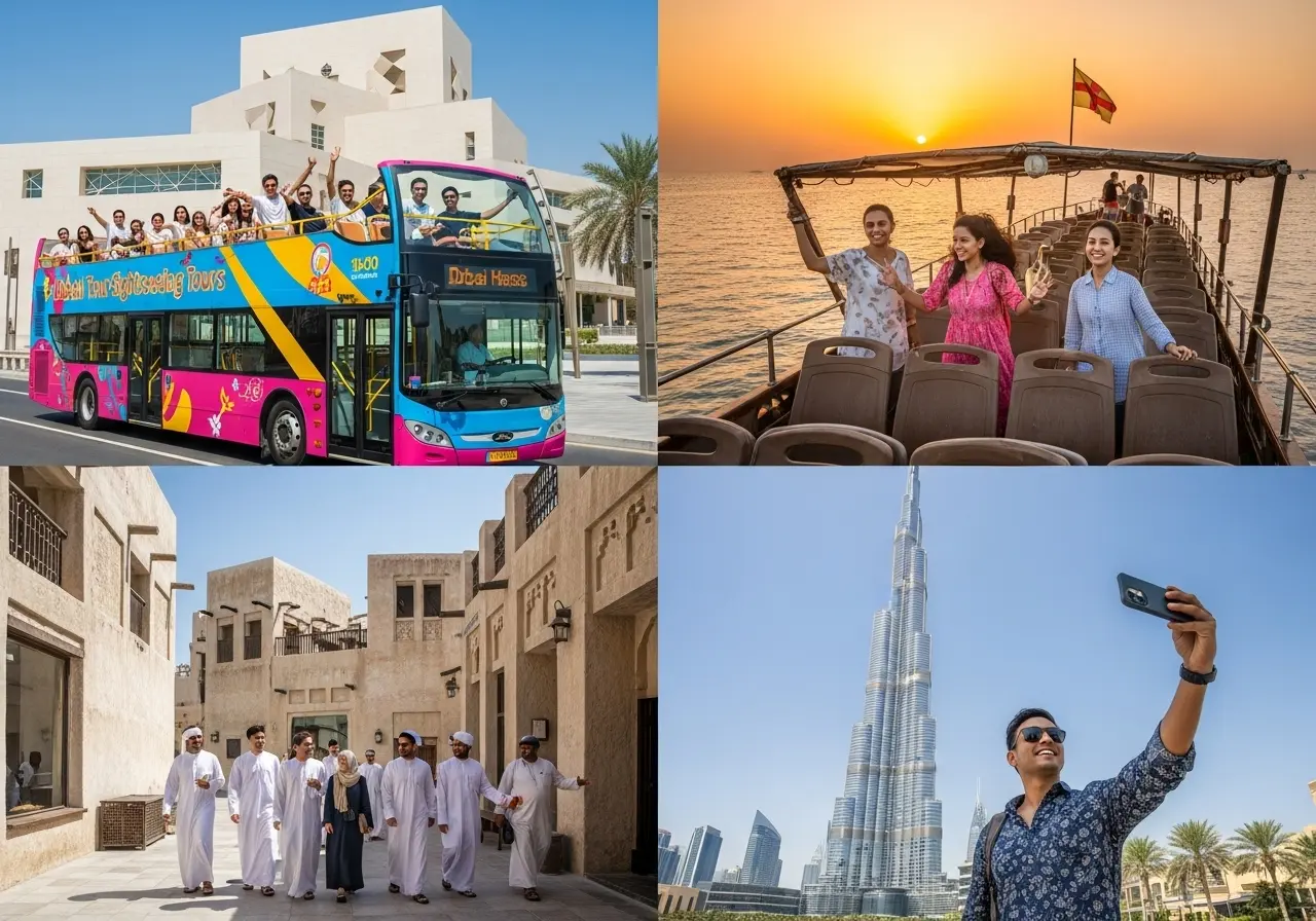 A collage of four images depicting different experiences on a Dubai Tour Sightseeing Tours itinerary, including a hop-on hop-off bus, a dhow cruise, a walking tour, and a visit to the Burj Khalifa.