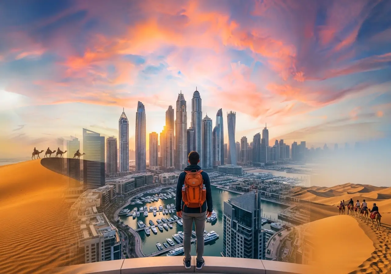 A solo traveler overlooks the stunning Dubai Marina skyline during a Solo Traveler Dubai Tour, with a hint of desert adventure.