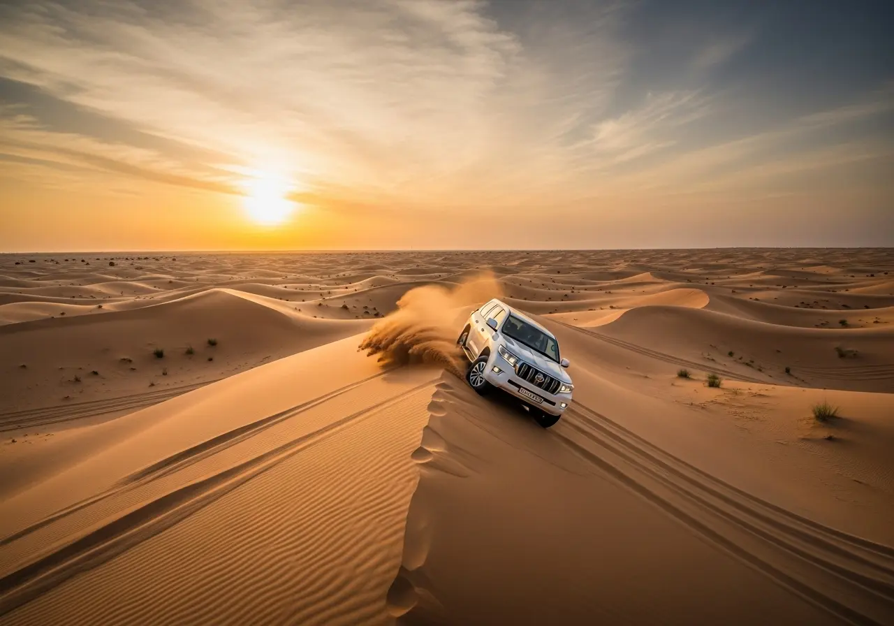 A 4x4 vehicle dune bashing during a thrilling Abu Dhabi safari at sunset.