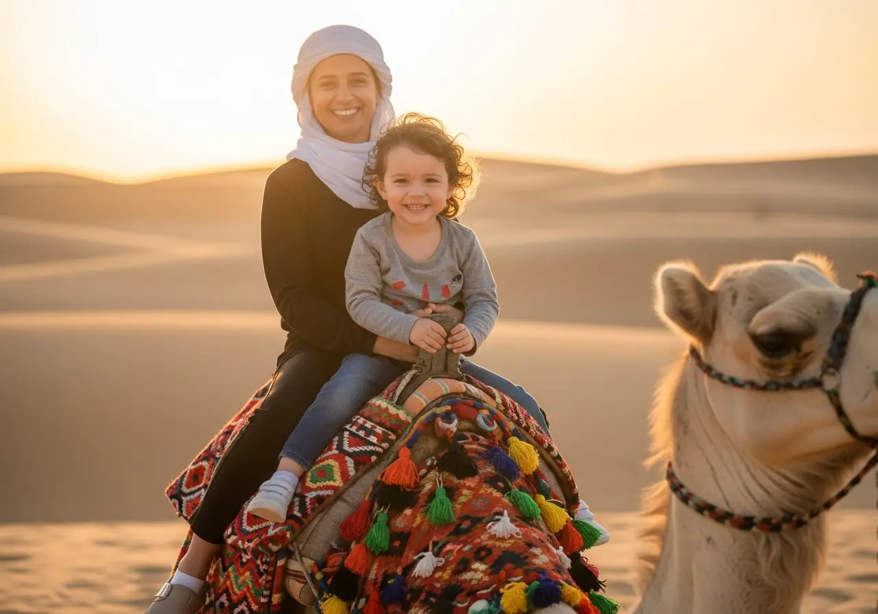A child enjoying a safe and fun Dubai kid-friendly camel ride at sunset.