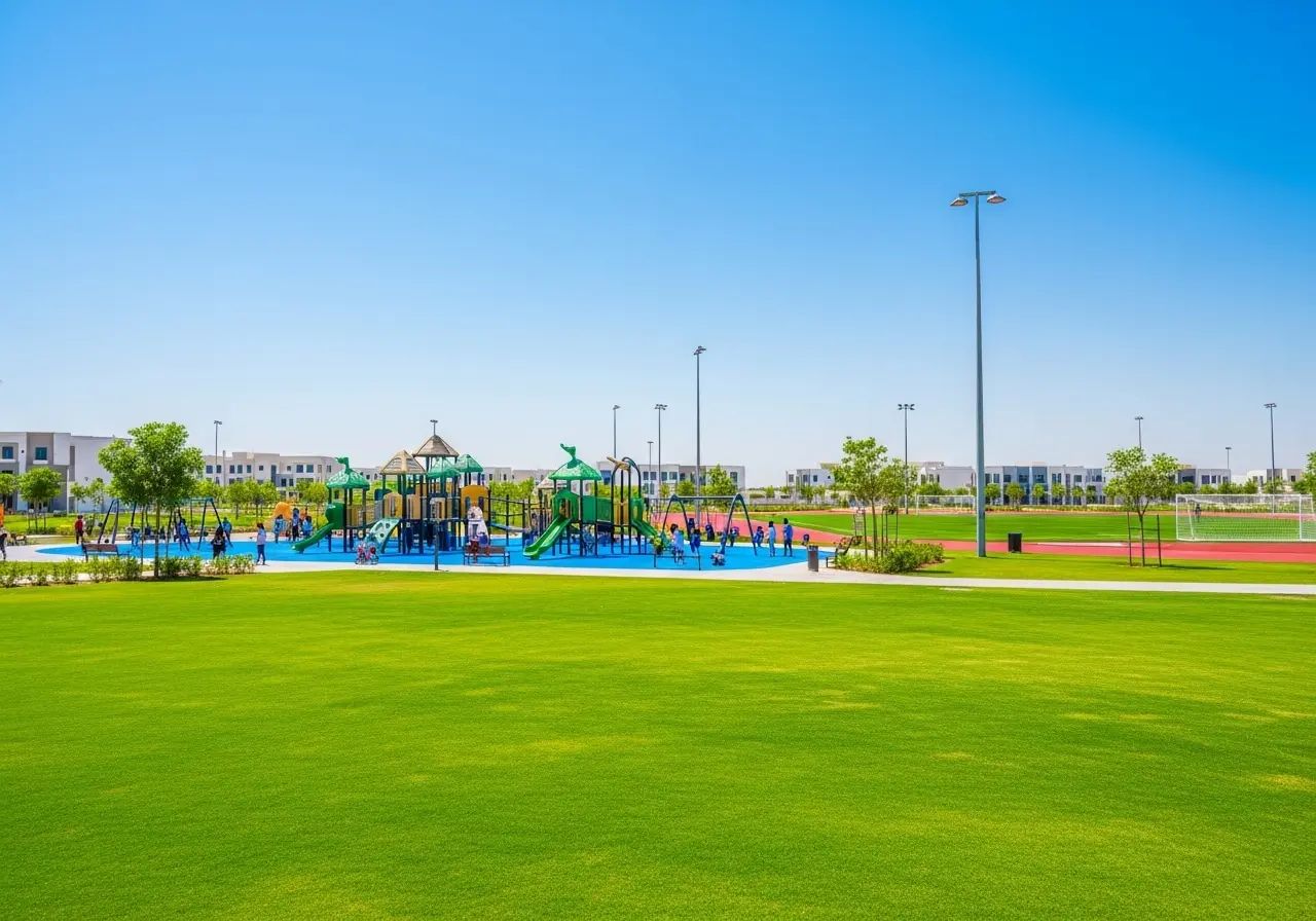 Families and children enjoying the expansive green lawns and modern playgrounds at the beautiful Mirdif Park in Dubai.