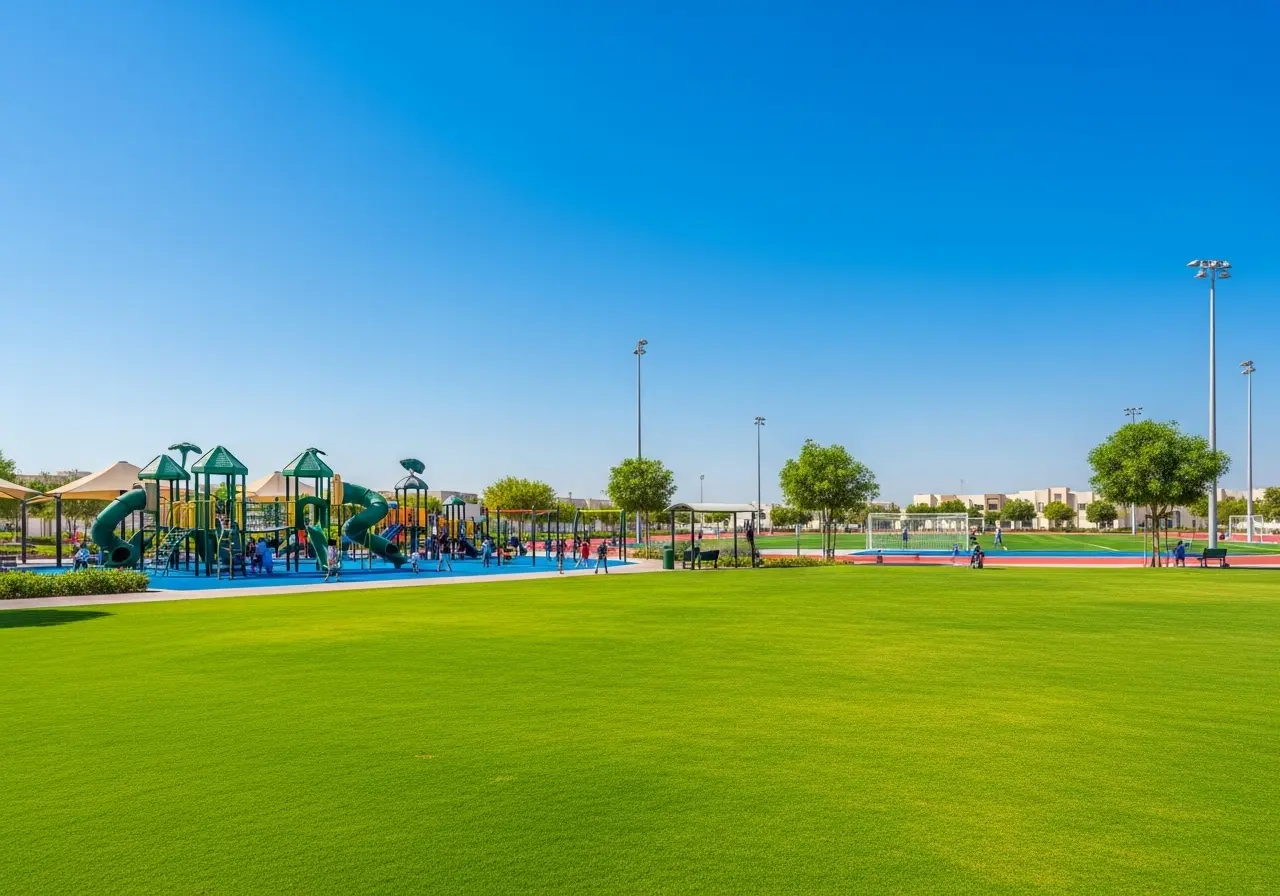 Families and children enjoying the expansive green lawns and modern playgrounds at the beautiful Al Rashidiya Park in Dubai.