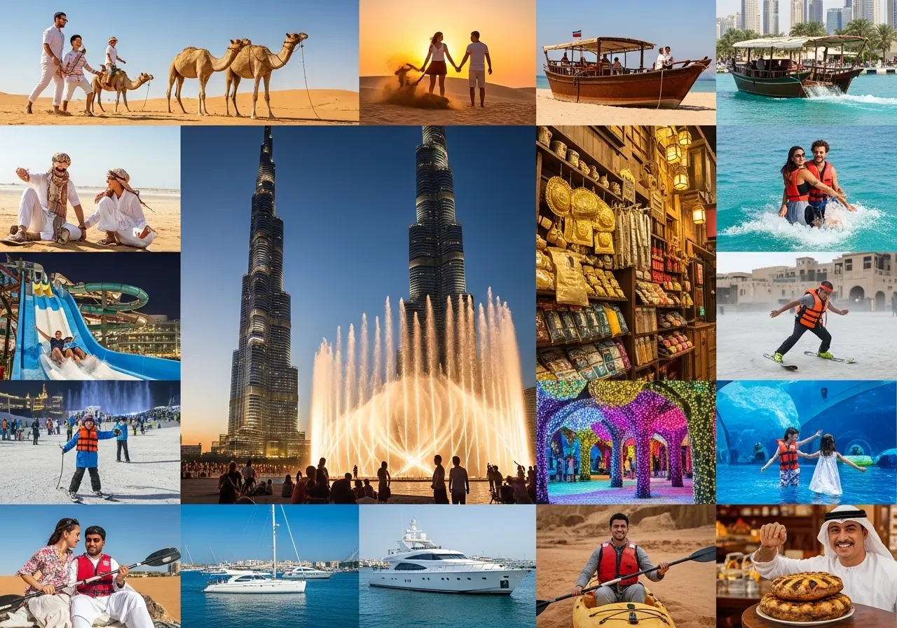 A collage of 15 images showing various Dubai Tour Activities including desert safaris, city tours, waterparks, and iconic landmarks.