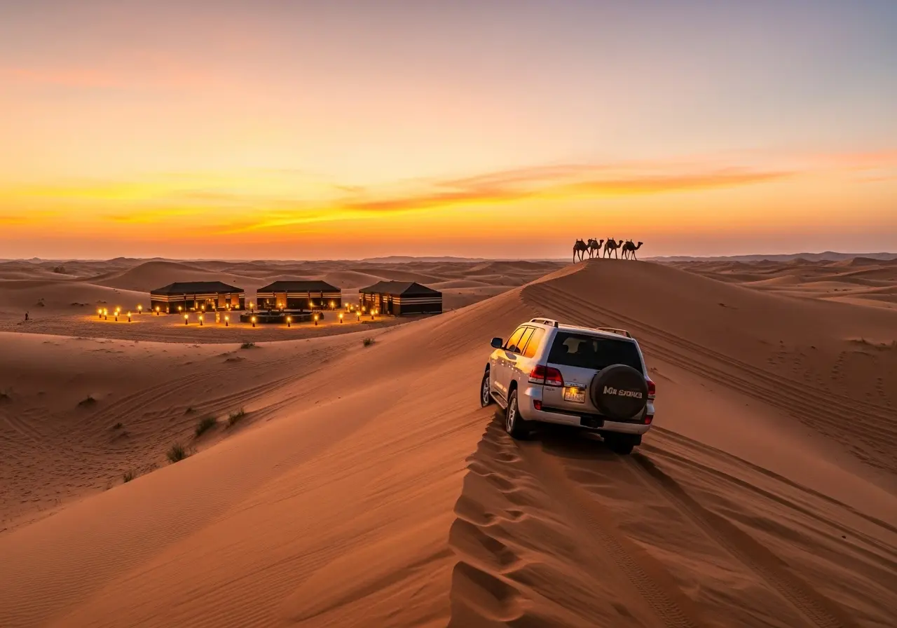 A thrilling Top Rated Safari in Dubai experience with a powerful 4x4 driving over desert sand dunes at sunset. Desert Safari Dubai Price