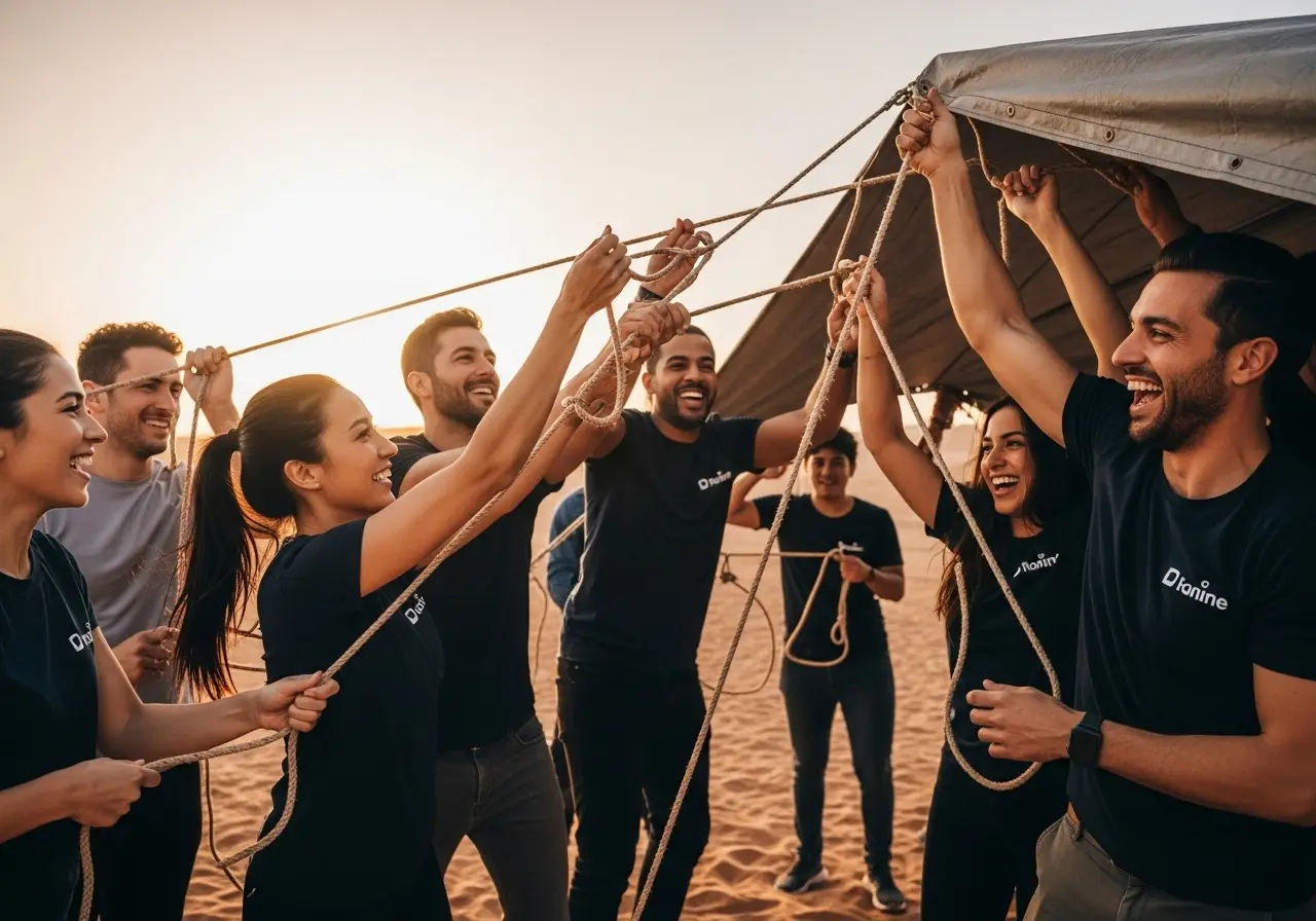 A corporate team engaged in a fun corporate desert safari team building activity.