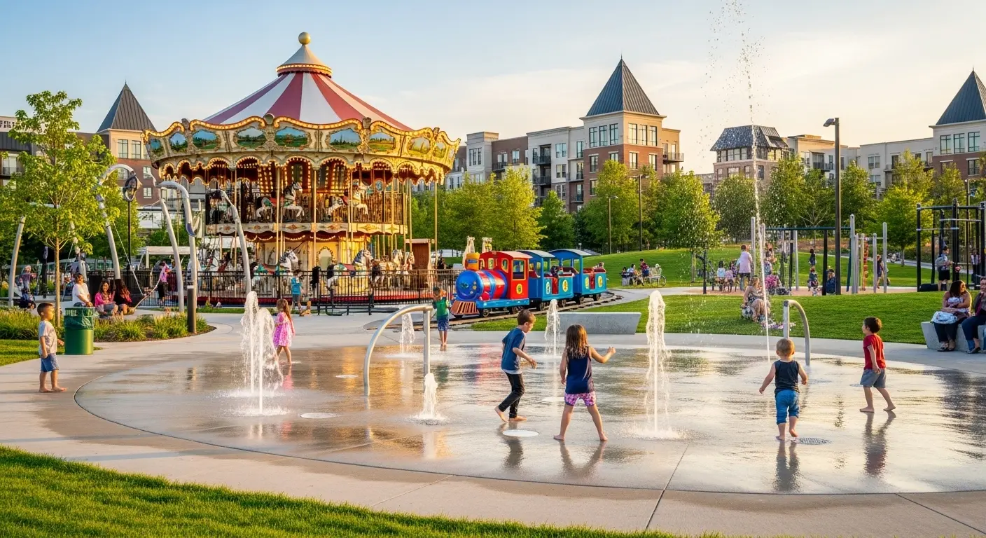 Children playing on the carousel and splash pad at the vibrant Town Square Park, Dubai's ultimate family fun zone and community hub.