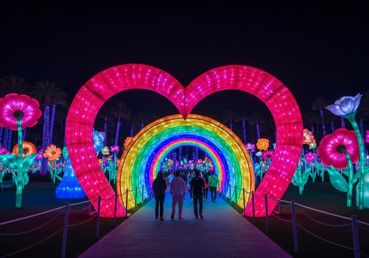 People walking through a vibrant, illuminated tunnel at the spectacular Garden Glow Dubai at night.