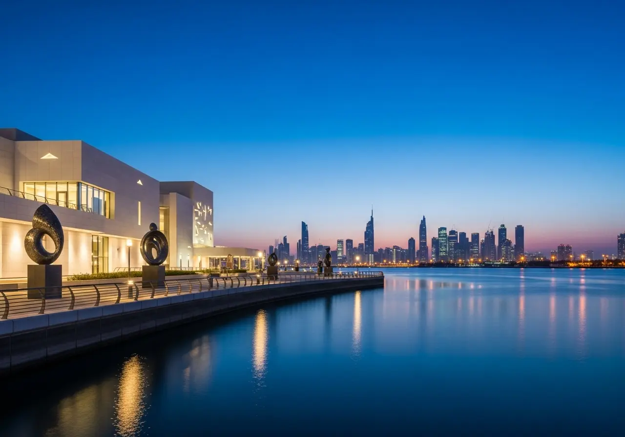 The serene and beautifully illuminated Jaddaf Waterfront at dusk, featuring the Jameel Arts Centre and the Dubai skyline.