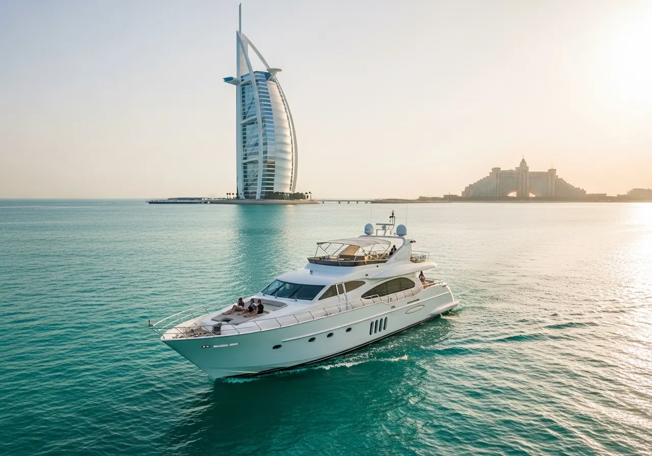 A beautiful luxury yacht rental Dubai cruising near the Burj Al Arab at sunset.