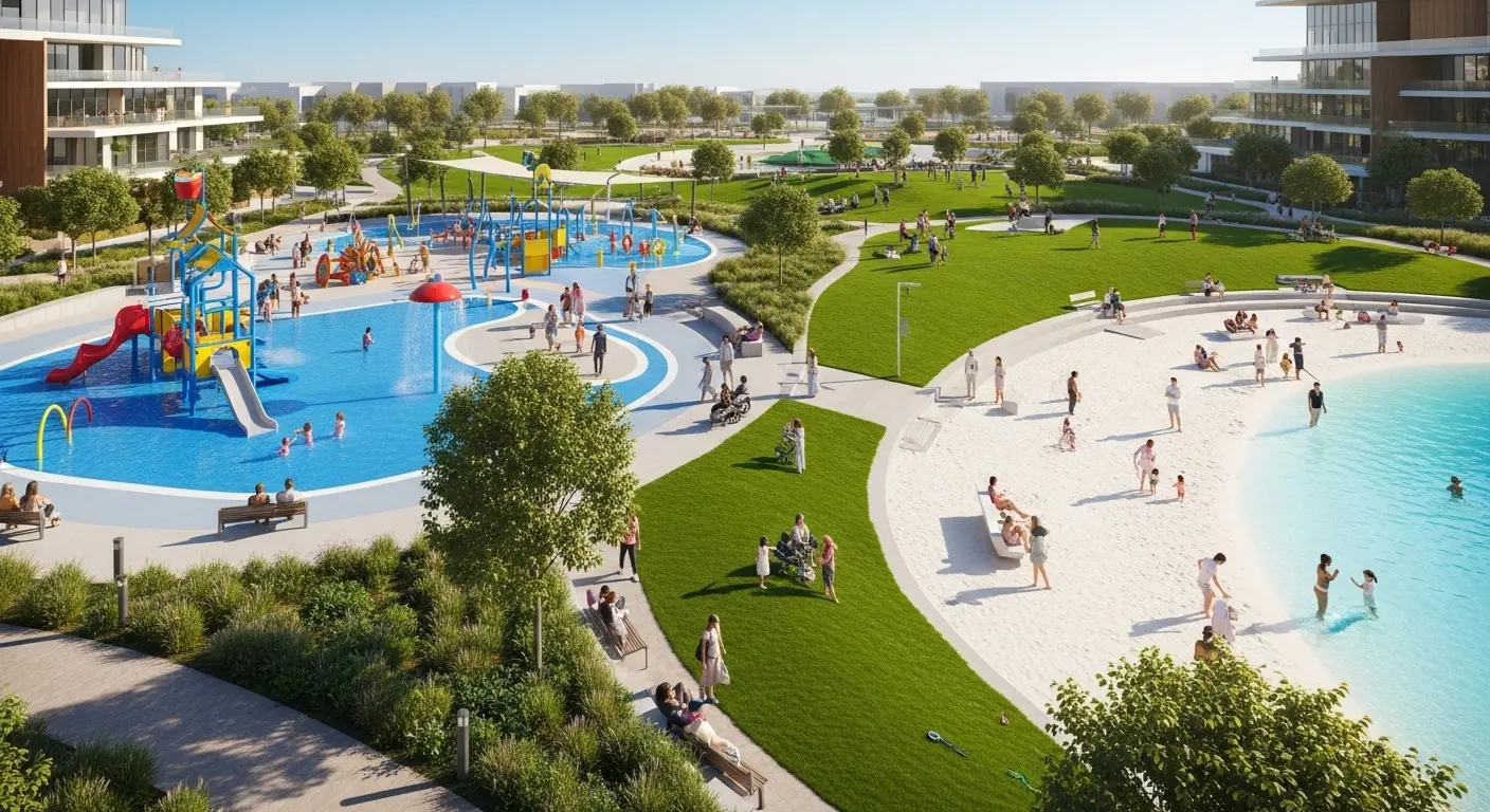 An aerial view of the bustling Dubai Hills Park, showing families enjoying the splash park, urban beach, and green lawns on a sunny day.