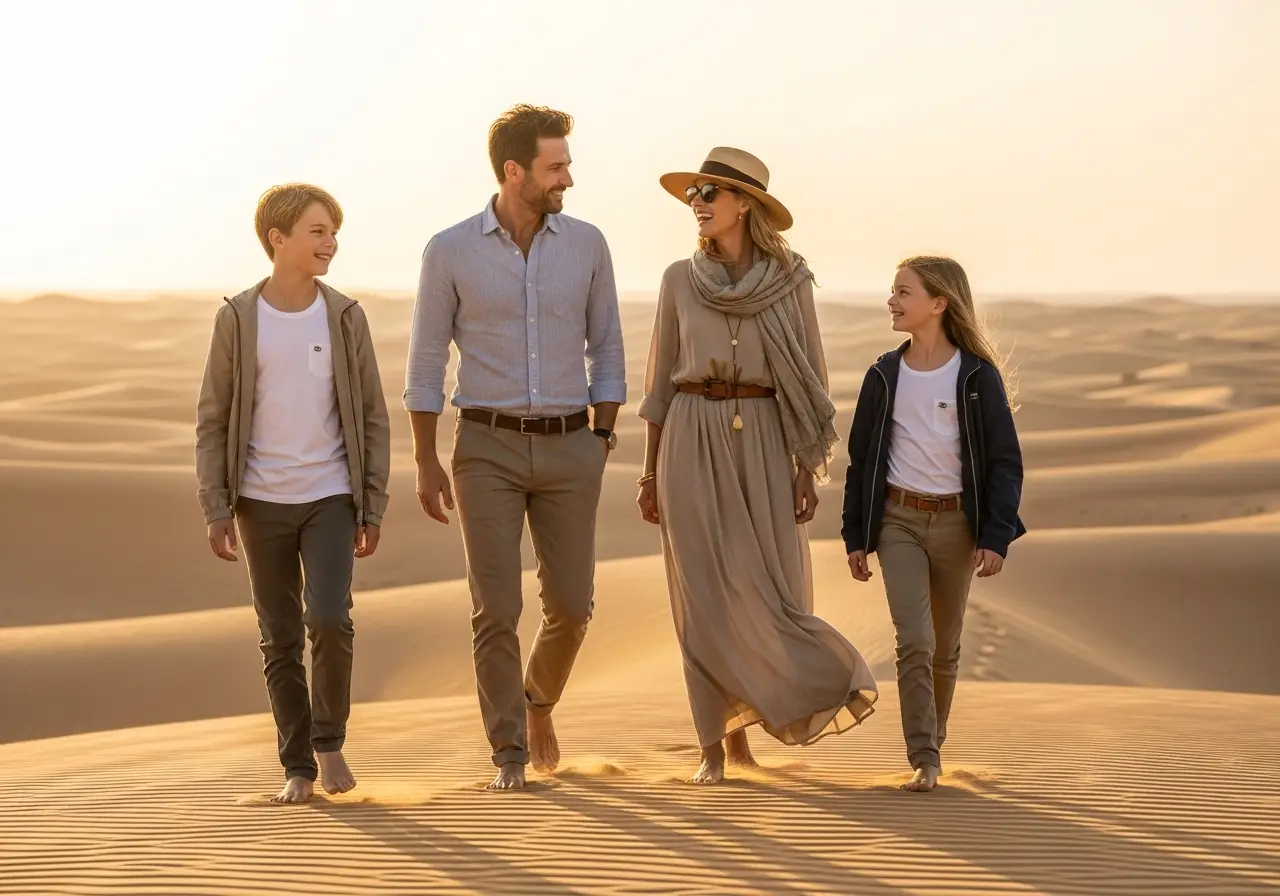 A family dressed in perfect outfits showing what to wear for a desert safari.